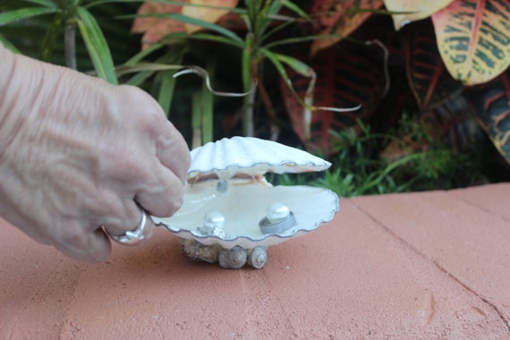 Silver Accented Scallop Seashell Dual Ring Box for Beach Wedding - His and Hers