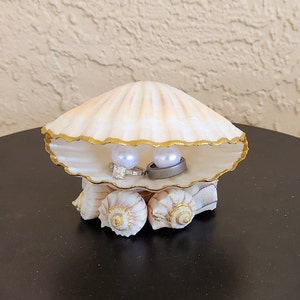 May include: A white seashell ring holder with a gold trim, decorated with two white pearls and two rings. The seashell is sitting on a bed of smaller seashells.