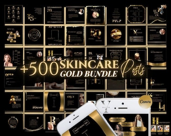May include: A collection of 500 gold and black social media post templates for skincare businesses. The templates feature text, icons, and images related to skincare products and services. The text on the image reads "+500 Skincare Posts Gold Bundle".
