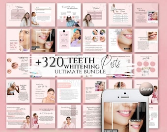 May include: A pink and white graphic design template for social media posts about teeth whitening. The template includes text that says "+320 Teeth Whitening Posts Ultimate Bundle".