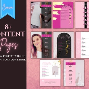 Puede incluir: Un conjunto de ocho p&aacute;ginas de &iacute;ndice en rosa y negro para un libro electr&oacute;nico. Las p&aacute;ginas presentan diferentes dise&ntilde;os con detalles dorados, incluyendo un rostro de mujer, un remolino de purpurina dorada y una pincelada de purpurina dorada. Las p&aacute;ginas est&aacute;n numeradas del 01 al 10.