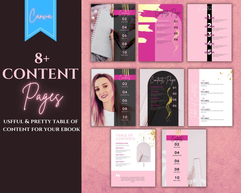 Puede incluir: Un conjunto de ocho p&aacute;ginas de &iacute;ndice en rosa y negro para un libro electr&oacute;nico. Las p&aacute;ginas presentan diferentes dise&ntilde;os con detalles dorados, incluyendo un rostro de mujer, un remolino de purpurina dorada y una pincelada de purpurina dorada. Las p&aacute;ginas est&aacute;n numeradas del 01 al 10.