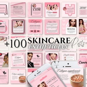 May include: A collage of pink and white Instagram post templates for an esthetician. The templates feature images of women, text about skincare, and the words "+100 Skincare Posts Esthetician".