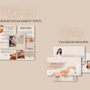 May include: A collection of 121 Facebook engagement posts and 4 Facebook banners for a massage therapy business. The posts include text and images of massage therapists performing massage techniques. The banners feature images of people receiving massages and text about the benefits of massage therapy.