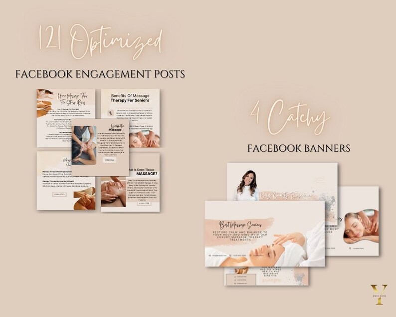 May include: A collection of 121 Facebook engagement posts and 4 Facebook banners for a massage therapy business. The posts include text and images of massage therapists performing massage techniques. The banners feature images of people receiving massages and text about the benefits of massage therapy.