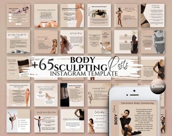 May include: A collection of 65 Instagram post templates for body sculpting businesses. The templates feature a light brown background with a white border and text in black. The templates include images of women in various poses, as well as text about body sculpting treatments. The text on the templates includes the words "Body Contouring", "Cavitation Body Contouring", and "+65 Sculpting Posts".