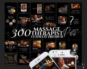 Peut inclure: Un collage d'images faisant la promotion de services de massage thérapeutique. Les images présentent des bougies, des tables de massage et des personnes recevant des massages. Le texte "300 Therapist Posts Ultimate Premium" est affiché en grandes lettres blanches.