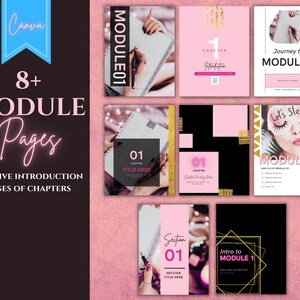 Puede incluir: Ocho p&aacute;ginas de m&oacute;dulo m&aacute;s con acentos rosas y dorados. Las p&aacute;ginas presentan texto como "Journey to Module 1", "Let's Sleep In", "Chapter 1", "Section 01" y "Intro to Module 1".