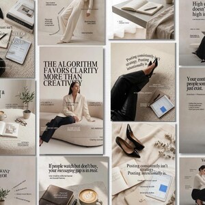 May include: A collection of images with text related to content creation and marketing. The images feature a woman in a blazer, a person holding a cup, and various objects like a tablet, shoes, and a notebook. The text includes phrases like "The Algorithm Favors Clarity More Than Creativity."