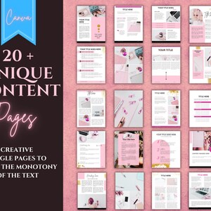 Puede incluir: Una colecci&oacute;n de m&aacute;s de 20 p&aacute;ginas de contenido &uacute;nicas con elementos de dise&ntilde;o rosa y dorado. Las p&aacute;ginas incluyen cuadros de texto, im&aacute;genes y elementos decorativos. El texto en la p&aacute;gina dice "20+ p&aacute;ginas de contenido &uacute;nicas", "P&aacute;ginas individuales creativas para romper la monoton&iacute;a del texto", "Tu t&iacute;tulo aqu&iacute;", "Tu t&iacute;tulo", "T&iacute;tulo aqu&iacute;" y "Consejo aqu&iacute;".
