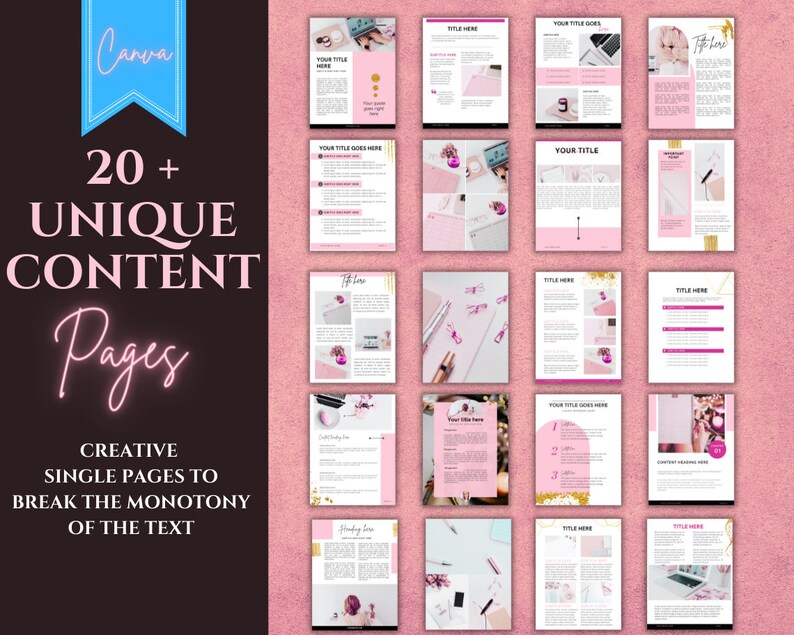 Puede incluir: Una colecci&oacute;n de m&aacute;s de 20 p&aacute;ginas de contenido &uacute;nicas con elementos de dise&ntilde;o rosa y dorado. Las p&aacute;ginas incluyen cuadros de texto, im&aacute;genes y elementos decorativos. El texto en la p&aacute;gina dice "20+ p&aacute;ginas de contenido &uacute;nicas", "P&aacute;ginas individuales creativas para romper la monoton&iacute;a del texto", "Tu t&iacute;tulo aqu&iacute;", "Tu t&iacute;tulo", "T&iacute;tulo aqu&iacute;" y "Consejo aqu&iacute;".