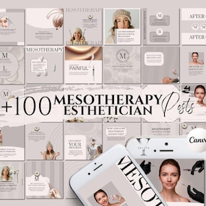 May include: A collage of images promoting mesotherapy treatments for estheticians. The images feature a variety of topics, including before and after photos, the procedure itself, and the benefits of mesotherapy. The text "+100 MESOTHERAPY ESTHETICIAN Posts" is prominently displayed in the center of the collage.
