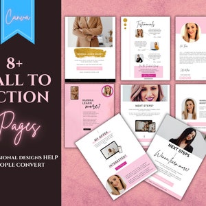 Puede incluir: Ocho p&aacute;ginas de llamada a la acci&oacute;n con dise&ntilde;os profesionales para ayudar a las personas a convertir. Las p&aacute;ginas son rosas y blancas con detalles dorados. Las p&aacute;ginas presentan texto como "Wanna learn more?" y "Next Steps?" e im&aacute;genes de mujeres.