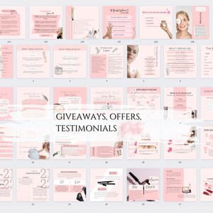 May include: A pink and white digital marketing guide for skincare with the text "GIVEAWAYS, OFFERS, TESTIMONIALS" in a white box.
