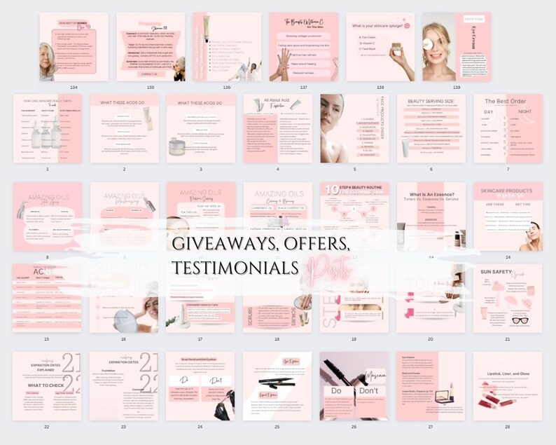 May include: A pink and white digital marketing guide for skincare with the text "GIVEAWAYS, OFFERS, TESTIMONIALS" in a white box.
