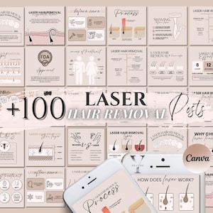 以下が含まれることがあります： レーザー脱毛に関するヒントや情報が書かれた、18個のソーシャルメディア投稿のコラージュ。投稿は薄いピンクと茶色のカラーテーマで、毛包、肌、レーザービームのイラストが描かれています。投稿のテキストには、「レーザー脱毛」、「施術前ケア」、「プロセス」、「施術部位」、「FDA承認済み」、「レーザー脱毛の種類」、「レーザー治療を選ぶ理由」、「レーザーの仕組み」、「レーザー脱毛投稿100個以上」などのフレーズが含まれています。