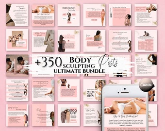 May include: A collage of pink and white images promoting a body sculpting bundle. The images feature women in various poses, with text that reads "+350 Body Sculpting Posts Ultimate Bundle".