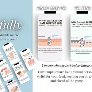 May include: A light blue graphic with the text "fully editable in free canva account." The image shows a before-and-after comparison of skin with and without salicylic acid, along with other skincare tips.