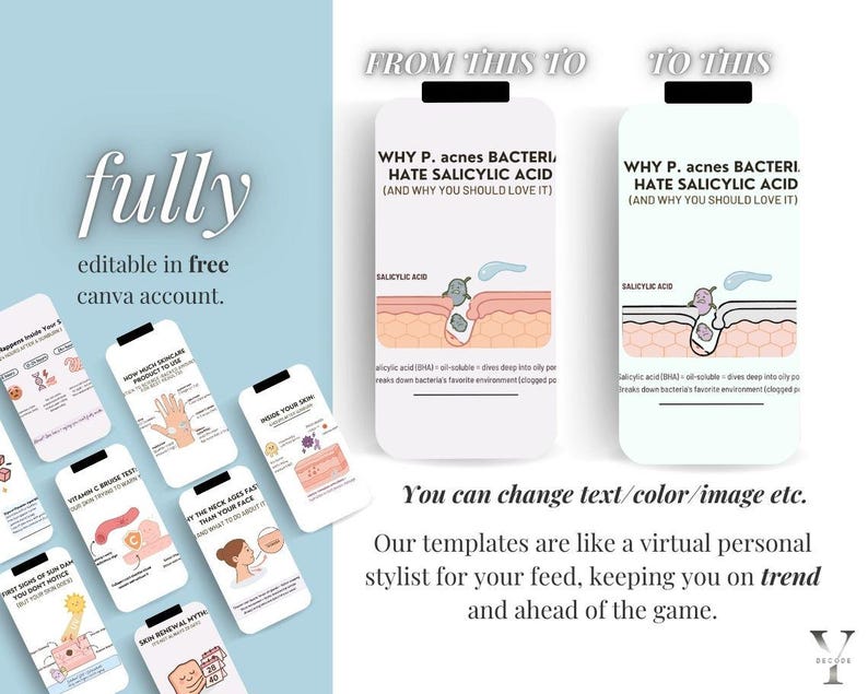 May include: A light blue graphic with the text "fully editable in free canva account." The image shows a before-and-after comparison of skin with and without salicylic acid, along with other skincare tips.