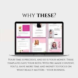 Puede incluir: Una pantalla de computadora port&aacute;til que muestra una colecci&oacute;n de plantillas de publicaciones en redes sociales con acentos rosados y dorados. El texto "WHY THESE?" se muestra en la parte superior de la pantalla. El texto "YOUR TIME IS PRECIOUS, AND SO IS YOUR MONEY. THESE TEMPLATES SAVE YOUR BOTH. WITH PRE-MADE CONTENT, YOU'LL HAVE MORE TIME AND MONEY TO FOCUS ON WHAT REALLY MATTERS - YOUR BUSINESS." se muestra en la parte inferior de la pantalla. El texto "IM ESTELLA" se muestra en una de las plantillas. El texto "+100 CALL TO ACTION CAPTIONS" se muestra en el lado derecho de la pantalla.