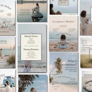 May include: A collection of inspirational posters with beach and nature scenes. Each poster features text about emotional well-being, including phrases like "Dropping the Anchor," "Acceptance Mindset," and "Survival."