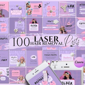 Laser Hair Removal Posts Canva Templates Esthetician Skincare Instagram Social Media Content Med Spa Laser Hair Removal Clinic Dermatologist