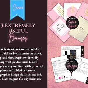 Puede incluir: Un gr&aacute;fico rosa y dorado con el texto "3 Bonus Extremadamente &Uacute;tiles" y una lista de vi&ntilde;etas que describen los bonus. Los bonus incluyen instrucciones para personalizar en Canva, edici&oacute;n amigable para principiantes de arrastrar y soltar, plantillas preelaboradas y no se necesitan habilidades de dise&ntilde;o gr&aacute;fico.