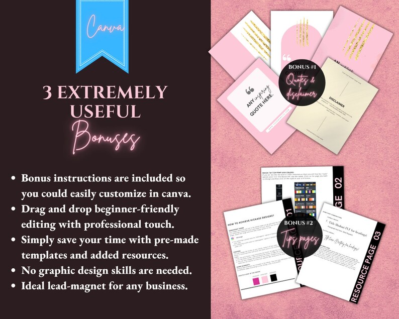 Puede incluir: Un gr&aacute;fico rosa y dorado con el texto "3 Bonus Extremadamente &Uacute;tiles" y una lista de vi&ntilde;etas que describen los bonus. Los bonus incluyen instrucciones para personalizar en Canva, edici&oacute;n amigable para principiantes de arrastrar y soltar, plantillas preelaboradas y no se necesitan habilidades de dise&ntilde;o gr&aacute;fico.