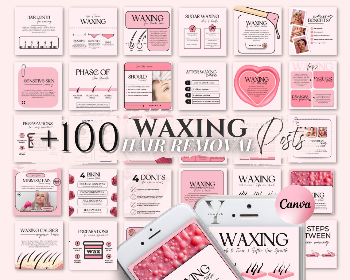 Waxing Instagram Template Waxing Post Pink Waxing Flyer Hair Removal Social Media Skincare Esthetician Canva Body Waxing Spa Salon Captions