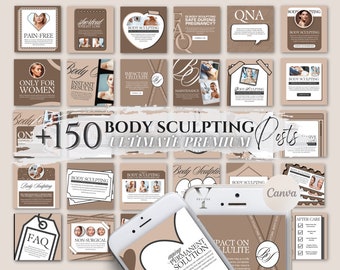 May include: A collage of social media posts promoting body sculpting services. The posts feature images of people, text, and graphics. The text includes phrases like "Pain-Free", "Only for Women", "Instant Results", "Impact on Cellulite", "Maintenance", "Body Sculpting", "Non-Surgical", "Aging Permanent Solution", "Impact on Cellulite", "After Care", "FAQ", "QNA", "Body Sculpting", "+150 Body Sculpting Posts", "Ultimate Premium", "Canva", "Before", "Give Yourself The Best", "Body Sculpting", "Short-Term Weight Loss", "Is Body Sculpting Safe During Pregnancy?", "Body Sculpting", "Body Sculpting".