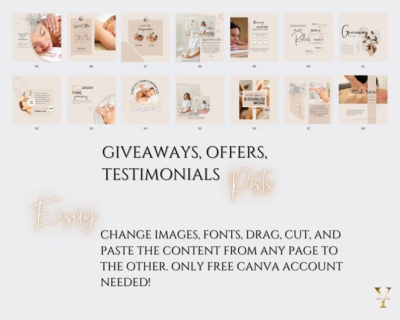 May include: A collection of social media post templates for a spa or massage business. The templates feature images of people receiving massages, text about giveaways, offers, and testimonials, and the words "Giveaways, Offers, Testimonials Posts" in a pink font. The text "Easily" is written in a pink neon font. The text "Change images, fonts, drag, cut, and paste the content from any page to the other. Only free Canva account needed!" is written in black font.