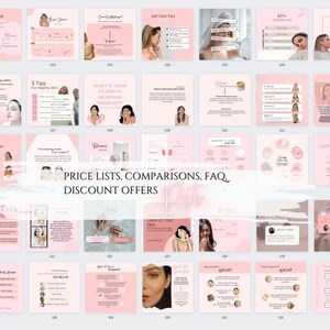 May include: A pink and white grid of images with text about skincare services, tips, and products. The text includes "Price Lists, Comparisons, FAQ, Discount Offers".