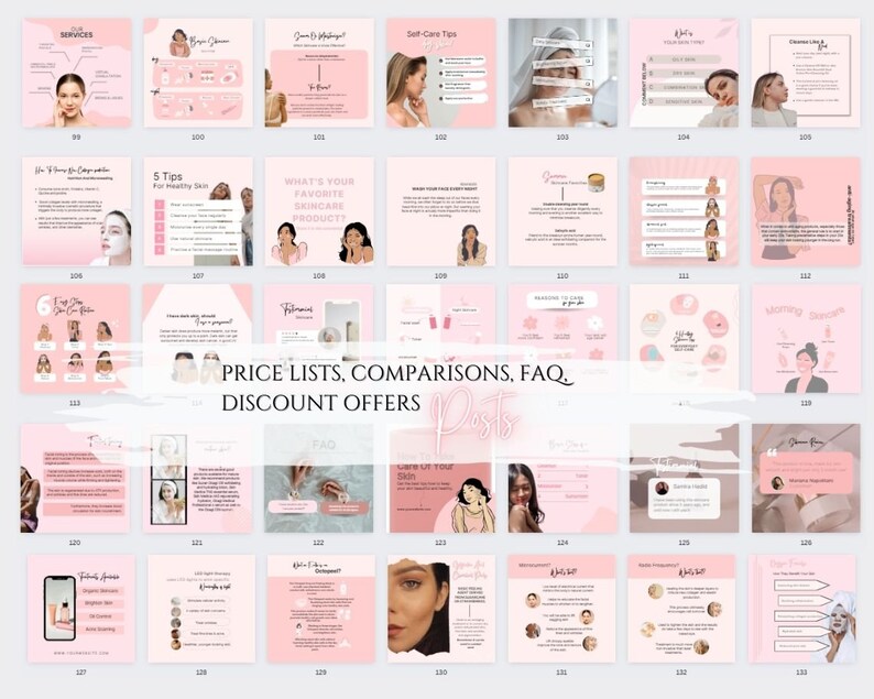 May include: A pink and white grid of images with text about skincare services, tips, and products. The text includes "Price Lists, Comparisons, FAQ, Discount Offers".