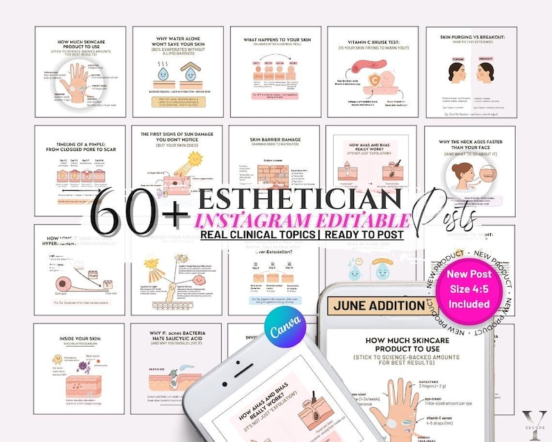 May include: A set of 60+ Instagram posts for estheticians, covering real clinical topics. The posts are presented on a white background with pink and black text. A smartphone displays a post about skincare product use, with a 'June Addition' label.
