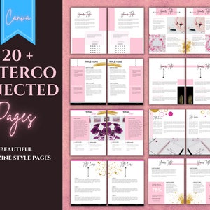 Puede incluir: Un conjunto de m&aacute;s de 20 p&aacute;ginas interconectadas en un estilo de revista con acentos rosados y dorados. Las p&aacute;ginas presentan cuadros de texto, t&iacute;tulos e im&aacute;genes. El texto en la p&aacute;gina dice "20+ p&aacute;ginas interconectadas" y "Hermosas p&aacute;ginas de estilo de revista".