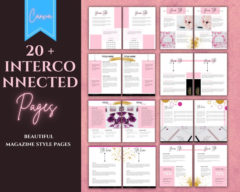 Puede incluir: Un conjunto de m&aacute;s de 20 p&aacute;ginas interconectadas en un estilo de revista con acentos rosados y dorados. Las p&aacute;ginas presentan cuadros de texto, t&iacute;tulos e im&aacute;genes. El texto en la p&aacute;gina dice "20+ p&aacute;ginas interconectadas" y "Hermosas p&aacute;ginas de estilo de revista".