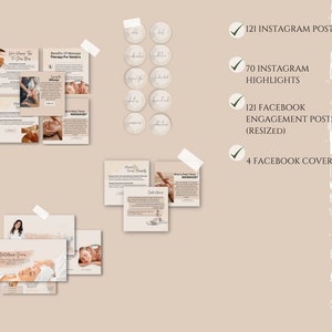 May include: A digital marketing kit for massage therapists with 121 Instagram posts, 70 Instagram highlights, 121 Facebook engagement posts, and 4 Facebook covers. The kit is 100% customizable.