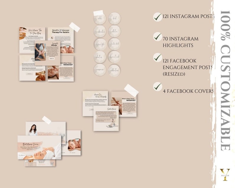 May include: A digital marketing kit for massage therapists with 121 Instagram posts, 70 Instagram highlights, 121 Facebook engagement posts, and 4 Facebook covers. The kit is 100% customizable.