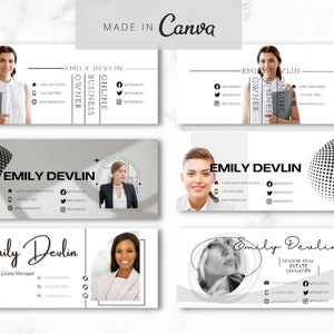 May include: Four different social media banner designs featuring a woman's headshot and text that reads "Emily Devlin" with contact information and social media icons. The banners are in a minimalist style with a white background and black text.
