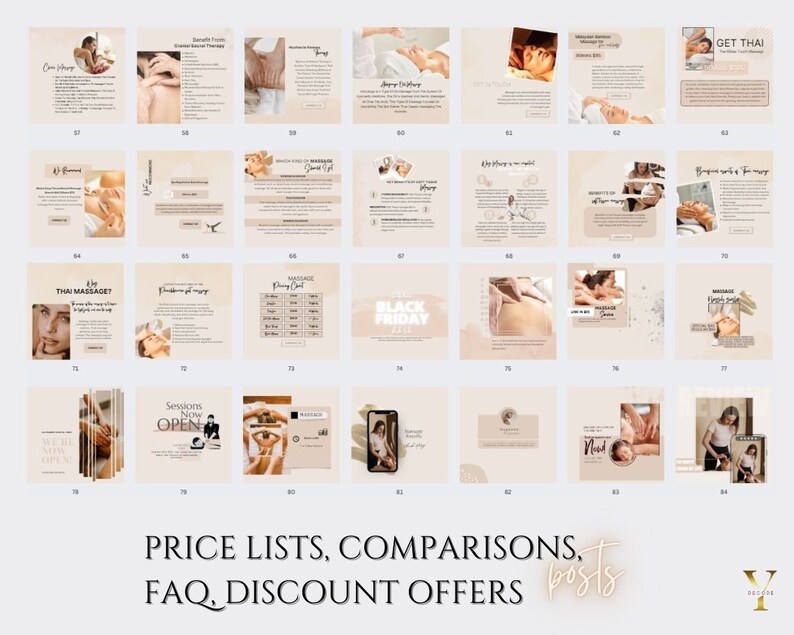 May include: A collection of social media posts for a Thai massage business. The posts feature images of massage therapists, massage techniques, and promotional offers. The text on the posts includes "Get Thai", "Sessions Now Open", "Black Friday", and "What is Thai Massage?"