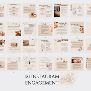 May include: A collage of 28 Instagram post templates for a massage therapy business. The templates feature a neutral beige background with brown and white accents. The text on the templates includes information about the benefits of massage therapy, how to prepare for a massage, and different types of massage.