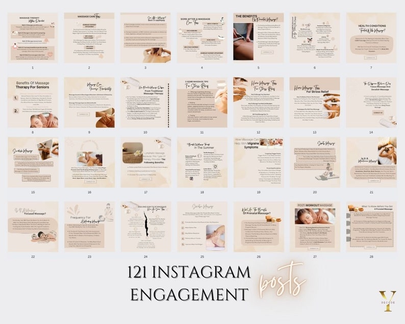 May include: A collage of 28 Instagram post templates for a massage therapy business. The templates feature a neutral beige background with brown and white accents. The text on the templates includes information about the benefits of massage therapy, how to prepare for a massage, and different types of massage.