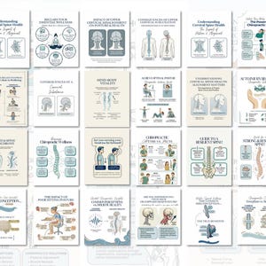 Peut inclure: Ensemble d'affiches informatives sur les soins chiropratiques, la santé de la colonne vertébrale et la posture. Les affiches présentent des illustrations et du texte, avec des schémas de la colonne vertébrale et des figures humaines, en bleu et beige.