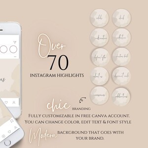 May include: Over 70 customisable Instagram highlight covers in a chic, modern style. The covers feature a light brown background with a watercolour effect and white text. The text includes phrases like "about us", "advice", "collection", "discount code", "accessories", and "celebrating".