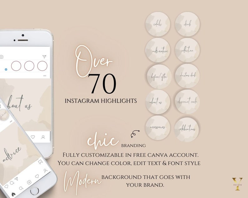 May include: Over 70 customisable Instagram highlight covers in a chic, modern style. The covers feature a light brown background with a watercolour effect and white text. The text includes phrases like "about us", "advice", "collection", "discount code", "accessories", and "celebrating".