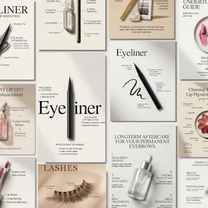 Pode incluir: Uma colagem de guias de produtos de beleza, incluindo delineador, tinta labial e cuidados pós-sobrancelhas. A imagem apresenta texto como "Eyeliner: The Art of Definition" e "Permanent Lip Tint: Natural Enhancement."