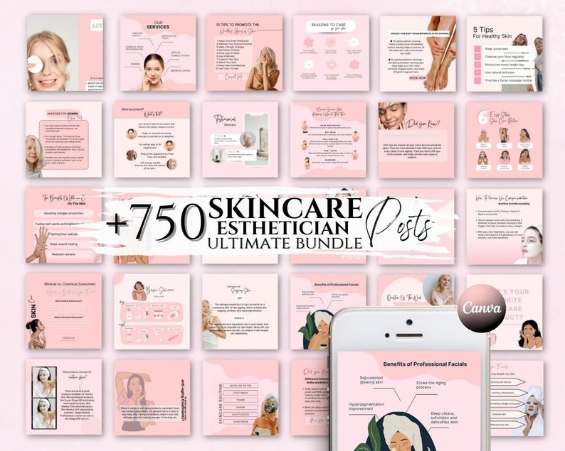May include: A collage of pink and white images with text about skincare and esthetician services. The text includes "+750 Skincare Esthetician Posts Ultimate Bundle" and "Canva".