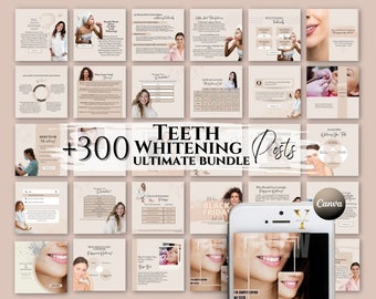 May include: A collage of images promoting teeth whitening services. The images feature people smiling with white teeth, and text that says "Teeth Whitening Posts" and "Ultimate Bundle".