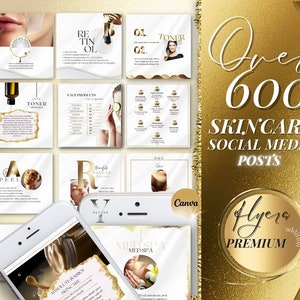 May include: Over 600 gold and white social media posts for skincare. The text "Alyera Premium" is in a gold circle.
