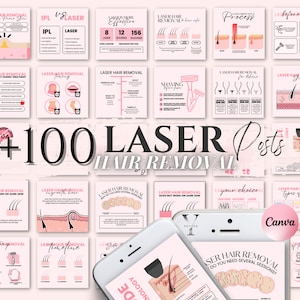 May include: A collage of pink and white graphics with the text "#100 LASER Posts HAIR REMOVAL" in the center. The graphics include information about laser hair removal, including the process, before care, types of lasers, and how to expect during treatment. The graphics also include the text "Canva" in the bottom right corner.